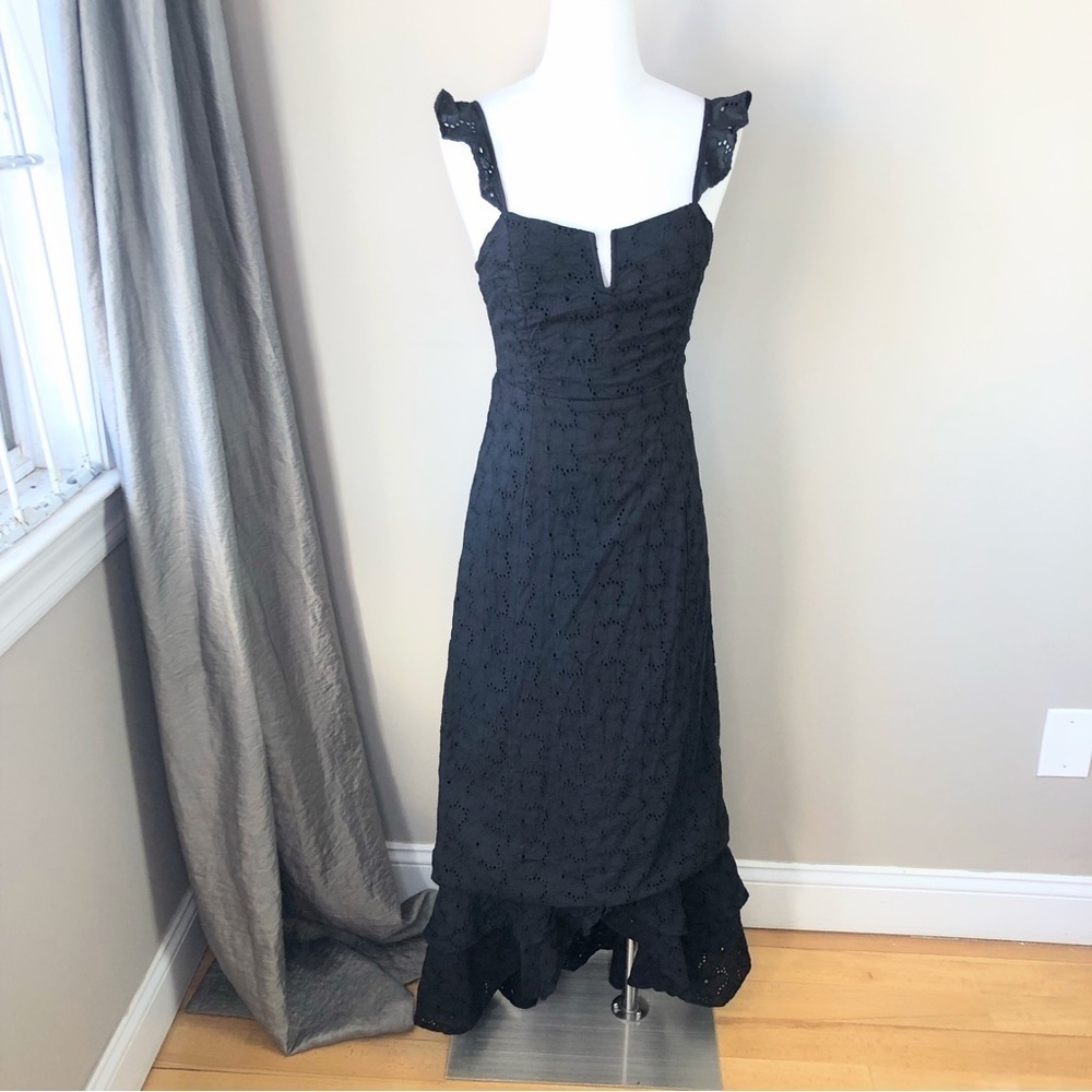 Lulus Black Cotton Eyelet Sweetheart neckline bodycon ruffled maxi dress S